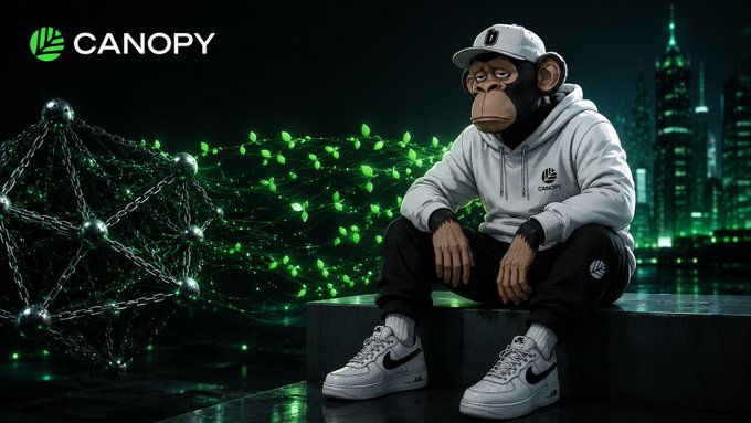 A promotional image for 'CANOPY' showing a monkey character in a white hoodie and sneakers, with green network graphics and a cityscape background.