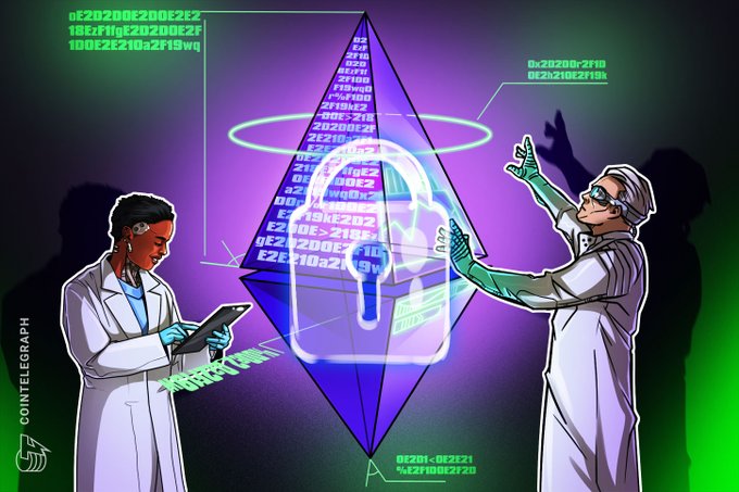 A Cointelegraph illustration showing two scientists in lab coats examining a glowing purple Ethereum pyramid containing a padlock, surrounded by green code.