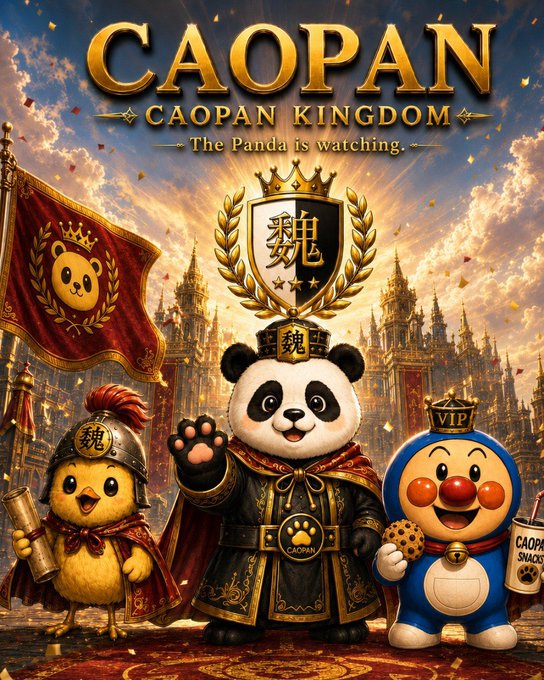 A promotional poster titled "CAOPAN KINGDOM - The Panda is watching" featuring a regal crowned panda in black and gold armor, flanked by a knight chick and a blue VIP character, set against a grand palace backdrop.
