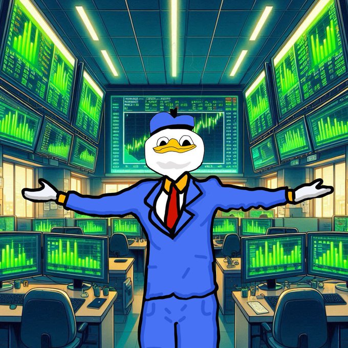 An animated duck character in a blue suit and red tie stands triumphantly with arms outstretched in a trading room filled with green stock market charts on multiple monitors.