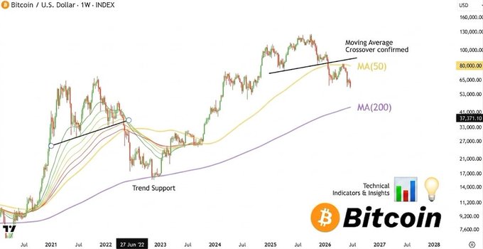 The image shows a weekly Bitcoin/U.S. Dollar (BTC/USD) chart with moving averages (MA(50) and MA(200)) plotted, highlighting a "Moving Average Crossover confirmed" near the $80,000 level and a "Trend Support" line, with the price currently around $39,371.10.

This visual supports the post's claim by illustrating the recent "Moving Average Crossover confirmed" and the breakdown through the 200-day MA, aligning with the noted 18.4% drop in the June candle.