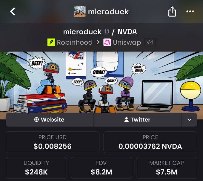 A screenshot of a cryptocurrency page for 'microduck' paired with NVDA on Robinhood and Uniswap V4, showing a price of $0.008256 USD and a market cap of $7.5M.