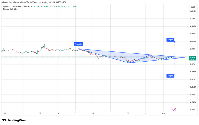 A TradingView chart of Algorand/TetherUS showing a "Triangle" pattern with both upward and downward targets, dated Aug 01, 2025.