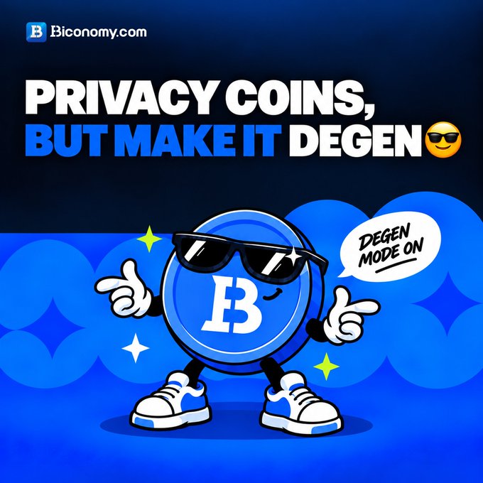 A cartoon blue coin character wearing sunglasses and sneakers points forward with the text 'PRIVACY COINS, BUT MAKE IT DEGEN 😎', 'DEGEN MODE ON', and the 'B Biconomy.com' logo.