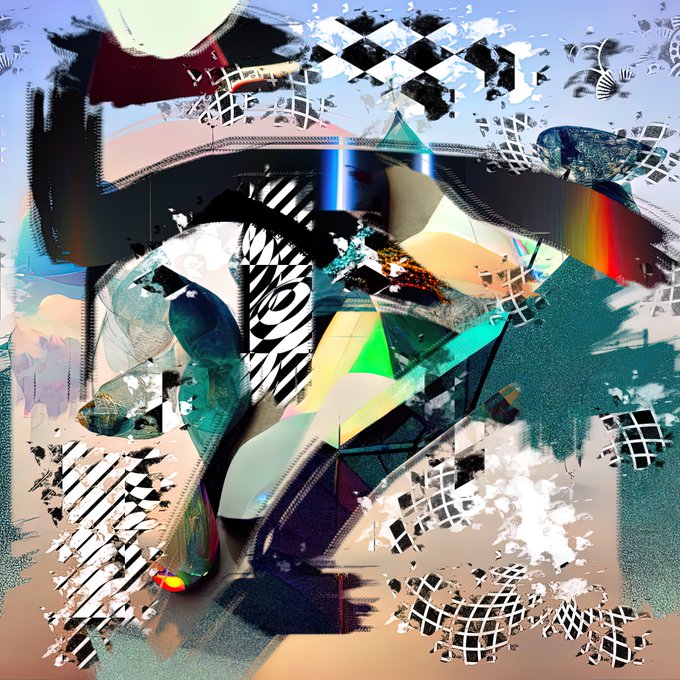 An abstract digital art piece featuring fragmented geometric shapes, checkered patterns, and colorful crystalline structures.
