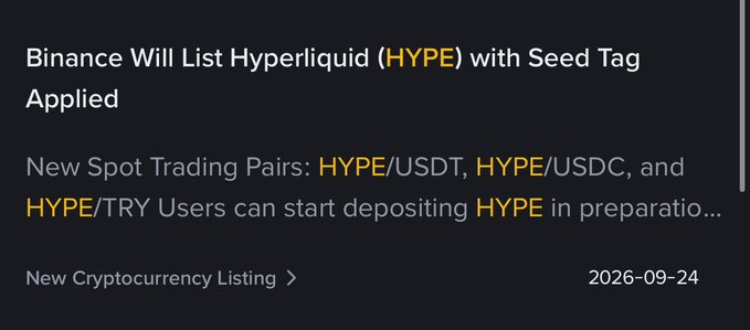 A Binance announcement dated 2026-09-24 confirming that Hyperliquid (HYPE) will be listed with a Seed Tag, featuring new spot trading pairs HYPE/USDT, HYPE/USDC, and HYPE/TRY with deposits now open, directly supporting the post about Binance listing HYPE for spot trading.