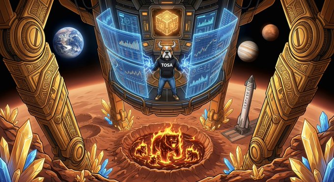 A fantasy digital illustration of a dog wearing a "TOSA" shirt, standing in a Mars-like landscape before a glowing blue holographic display, with planets and a rocket in the background.