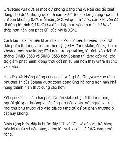 Vietnamese text discussing Grayscale's proposal regarding ETH and SOL staking, comparing the two approaches and noting that EIP-8361 would burn staked ETH while SIMD-0050/0553 on Solana would reduce inflation instead.