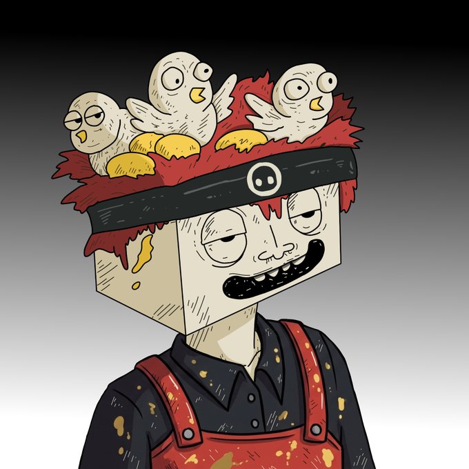 A cartoon illustration shows a blocky-headed character in a black shirt and red overalls, with three small birds nesting in red fuzzy hair on top of their head.