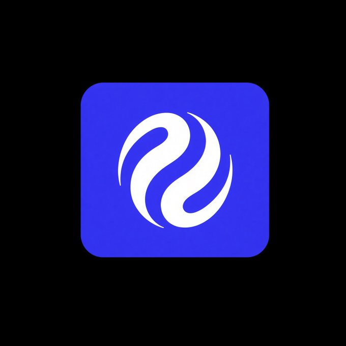 A blue square app icon featuring a stylized white swirling or yin-yang-like design against a black background.