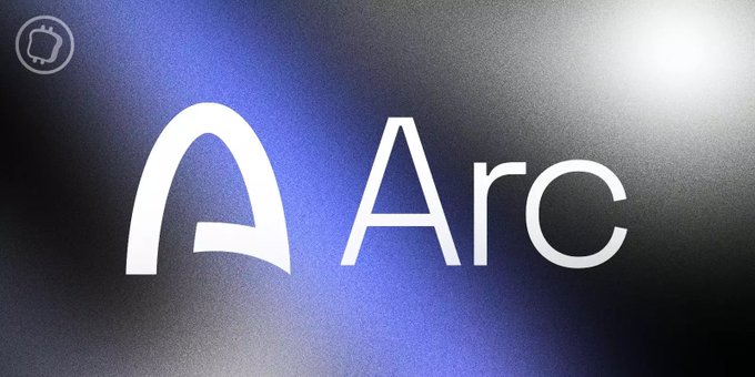 The image displays the "Arc" logo in white text against a blue gradient background, corresponding to the ARC mainnet network being discussed in the post. The branding shown serves as the visual identity for the blockchain network whose mainnet details (Chain ID 5042) are being shared.