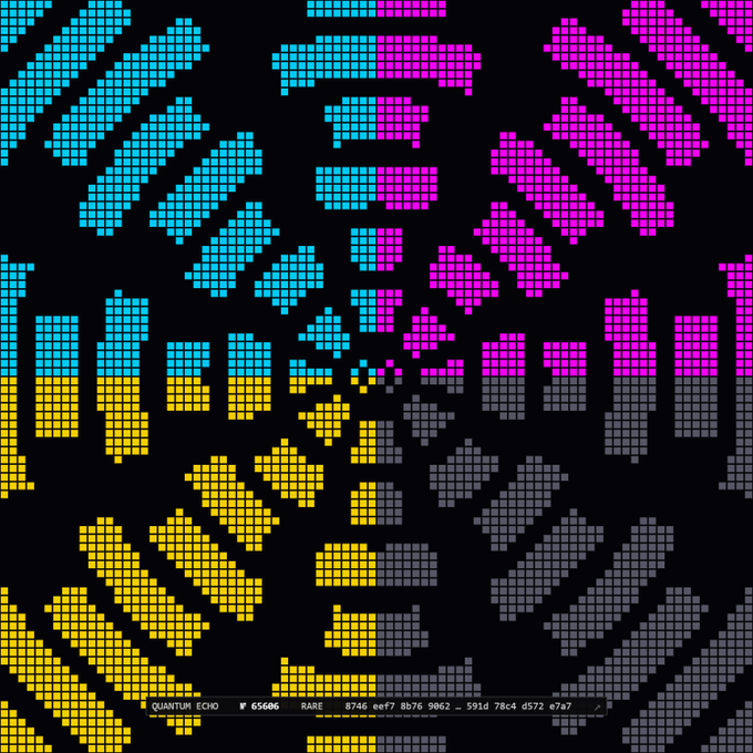 An abstract, symmetrical pixel art pattern displays cyan, magenta, yellow, and gray geometric shapes radiating from the center on a black background.