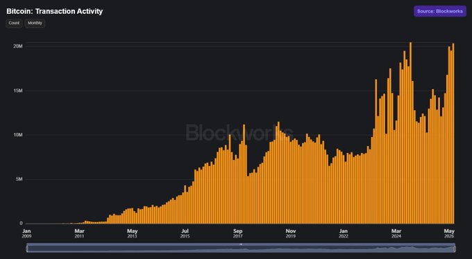 A bar chart titled "Bitcoin: Transaction Activity" from Blockworks showing monthly transaction counts from January 2009 to May 2025, with a clear upward trend reaching peaks around 20M transactions.