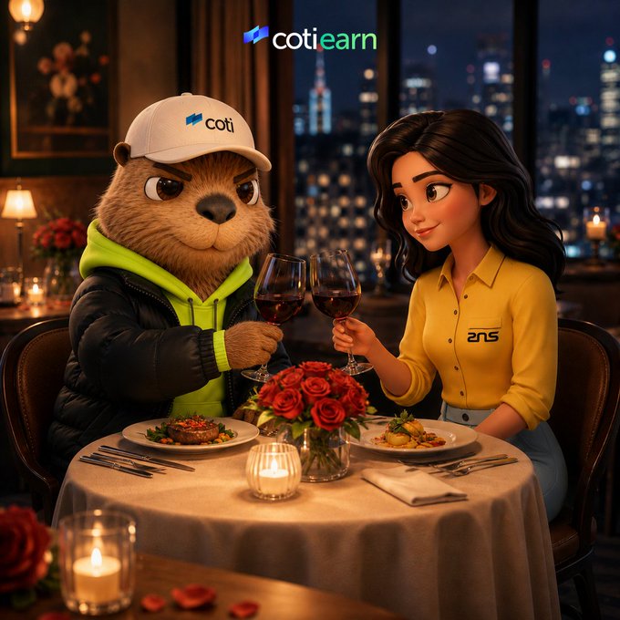 The image features a man and woman sitting at a table with wine glasses filled with red wine. The man is wearing a hat, while the woman has her hair styled in pigtails. They are both smiling as they enjoy their time together. In the background, there's a city skyline visible through a window, adding to the ambiance of the scene. The image also includes text that reads "ZNS is back for COTI Earn SZN 4 Mint your coti domain with @ZNSConnect to earn 1,000 TPS. Choose your coti.coti.io".