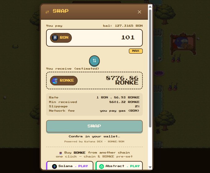 A Katana DEX swap interface shows exchanging 101 RON for 8776.86 RONKE, powered by Katana DEX with options to buy RONKE from Solana or Abstract chains.