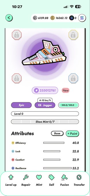 A mobile app screenshot showing an Epic rarity 'Jogger' shoe NFT (ID 255012761) with attributes like Efficiency, Luck, Comfort, and Resilience, and options to Level up, Repair, Mint, Sell, Fusion, or Transfer.