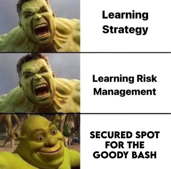 The image is a three-panel meme featuring the Hulk, with text reading "Learning Strategy" and "Learning Risk Management" alongside angry Hulk panels, and "SECURED SPOT FOR THE GOODY BASH" paired with Shrek's smiling face. It humorously suggests that after mastering strategy and risk management, the reward is securing a spot at an exclusive event ("the goody bash"), metaphorically aligning with the post's message that after handling tokenization and liquidity challenges, @cancore_io earns a place in the institutional RWA space.