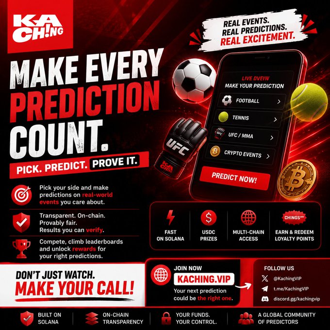 A promotional graphic for 'KACHING' featuring the tagline 'MAKE EVERY PREDICTION COUNT' and 'PICK. PREDICT. PROVE IT.', advertising a prediction platform on Solana covering football, tennis, UFC, and crypto events at KACHING.VIP.