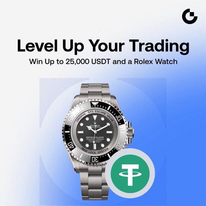 A promotional graphic titled "Level Up Your Trading" advertises a contest where participants can win up to 25,000 USDT and a Rolex watch, featuring an image of a Rolex Deepsea Challenge watch alongside a USDT (Tether) logo against a blue gradient background.