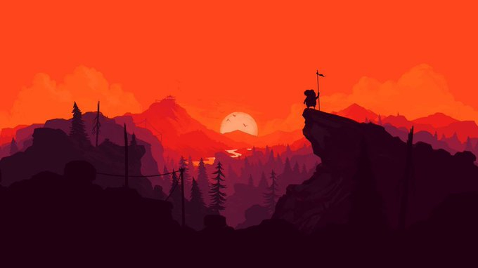 A silhouetted figure with a flag stands atop a cliff overlooking a vibrant orange sunset landscape with mountains, pine trees, and a suspension bridge.