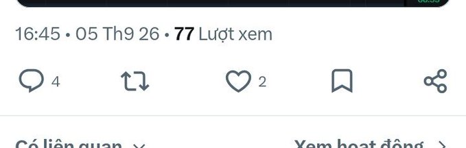 A social media post interface showing timestamp '16:45 · 05 Th9 26' with '77 Lượt xem' (views), 4 comments, and 2 likes.