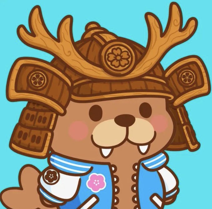 A cartoon illustration of a brown beaver-like character wearing a samurai helmet with antlers and blue samurai armor with a pink cherry blossom.