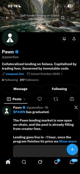 Twitter/X profile page for @pawnfun (Pawn), described as 'Collateralized lending on Solana. Capitalized by trading fees. Governed by immutable code.' A post announces that $SPAWN has graduated and the lending market is now open on-chain.