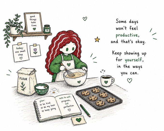 An illustrated motivational image of a red-haired woman baking cookies, with text reading 'Some days won't feel productive, and that's okay. Keep showing up for yourself, in the ways you can.' alongside notes about kindness and progress.