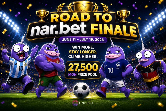 The image features four animated characters of different sizes standing next to each other in front of a soccer field. The background of the image displays the text "Road to narbet Finale" at the top, along with additional text that reads "Win more. Stay longer. Climb higher. Mon prize Pool", and "27,500". The soccer ball is located just below the characters' heads on the field.