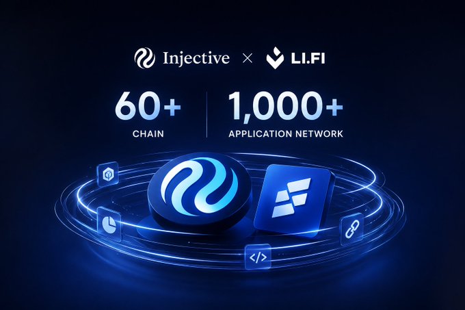 A promotional graphic announcing a partnership between Injective and LI.FI, highlighting 60+ chain support and 1,000+ application network reach, with glowing blue logos and circular design elements.