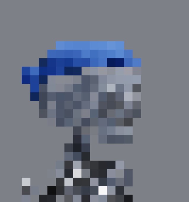 A highly pixelated, low-resolution side-profile portrait of a character with dark blue hair and pale skin against a gray background. The image relates to the post "1T," likely representing a stylized avatar or profile picture.