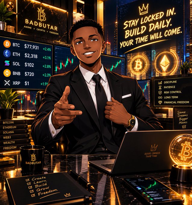 An illustrated promotional image shows a smiling man in a suit pointing at the viewer, surrounded by cryptocurrency price tickers (BTC, ETH, SOL, BNB, XRP) and the brand 'BADBUTAR' with the slogans 'STAY LOCKED IN. BUILD DAILY. YOUR TIME WILL COME.'