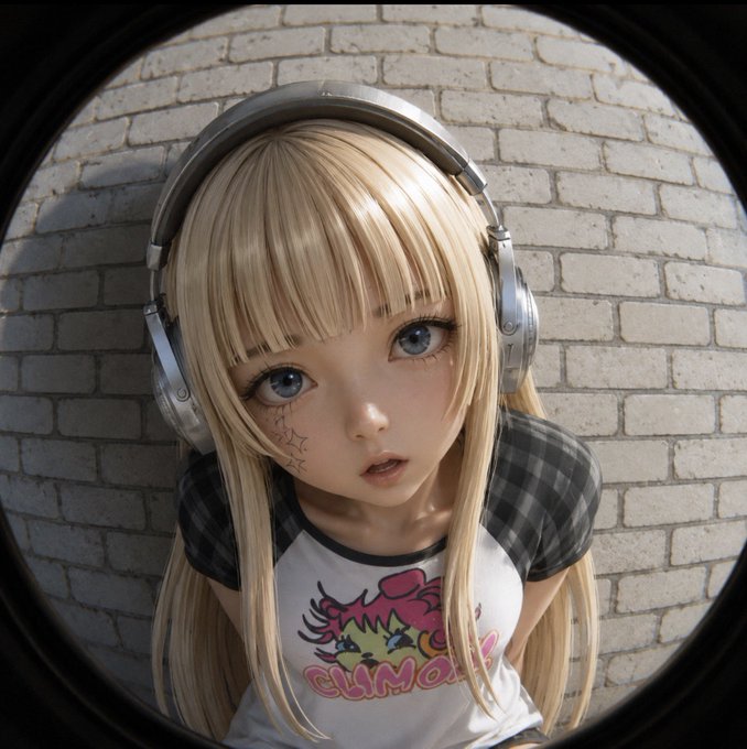 A stylized doll-like figure with blonde hair, blue eyes, and headphones, wearing a graphic t-shirt, framed within a circular fisheye lens effect.