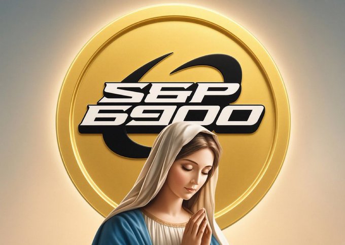 A digital illustration of the Virgin Mary in prayer before a large golden coin displaying 'SEP 6900,' suggesting a crypto token launch.