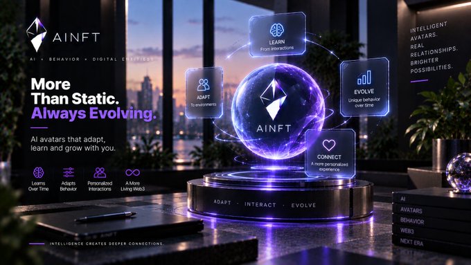 An advertisement for 'AINFT' displaying a glowing purple globe surrounded by feature icons like LEARN, ADAPT, EVOLVE, and CONNECT, with the tagline 'More Than Static. Always Evolving.'