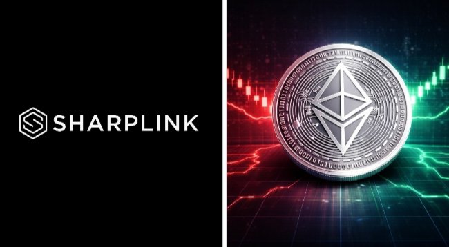 The image is split, showing the "SHARPLINK" logo on a black background on the left and a silver Ethereum coin against a backdrop of red and green market candlestick charts on the right. This visually represents SharpLink Gaming's price target cut by TD Cowen due to weaker Ethereum (ETH) prices and a more conservative outlook for the cryptocurrency.
