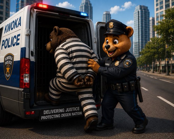 A Kwoka Police officer arrests a handcuffed bear in striped prison garb beside a "KWOKA POLICE" van reading "DELIVERING JUSTICE PROTECTING DEGEN NATION," satirizing the post's pitch that the meme token $KWOKA—live on PonsFamily for Robinhood Chain degens—delivers meme justice while offering creator-fee sharing rewards.