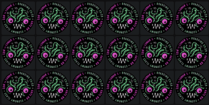 A repeating grid of circular stickers or patches featuring a green creature with pink eyes, sharp teeth, and text reading 'LOWLUNK I - ROARING LION - EAT BE ECONOMY'.