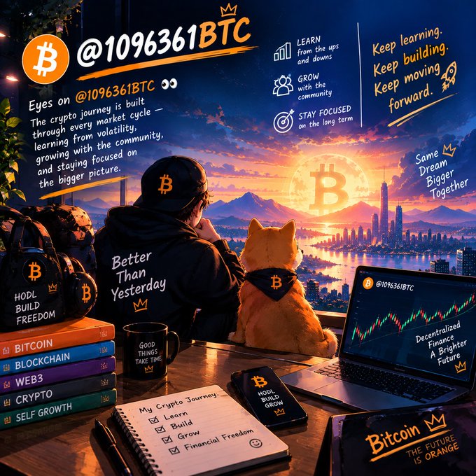 A digital illustration with the text '@1096361BTC' depicts a figure with a dog looking at a sunset cityscape with a Bitcoin symbol, surrounded by motivational crypto phrases like 'HODL BUILD FREEDOM', 'Better Than Yesterday', and 'Keep learning. Keep building. Keep moving forward.'
