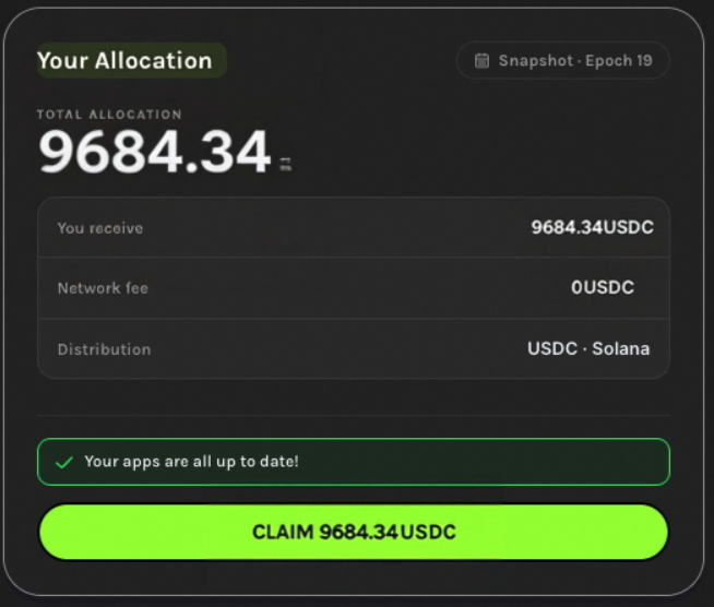A dark-themed dashboard showing 'Your Allocation' with a total of 9684.34 USDC, a green confirmation message reading 'Your apps are all up to date!', and a 'CLAIM 9684.34 USDC' button.