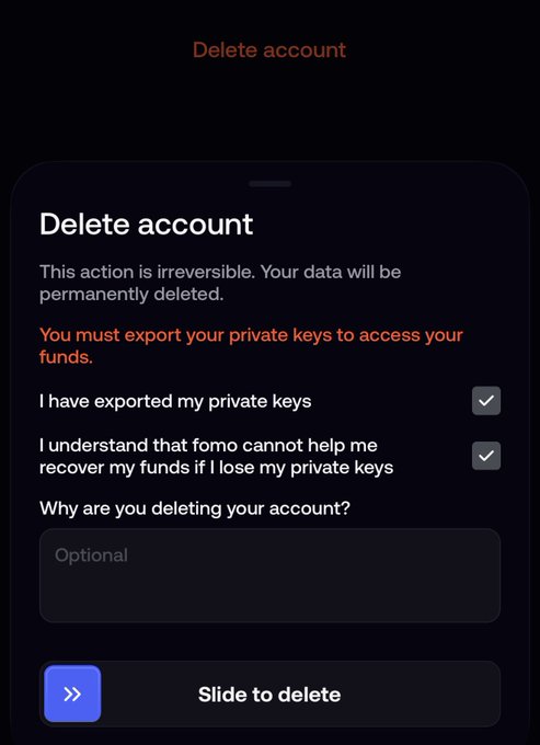 A mobile app screen titled "Delete account" warning that the action is irreversible and requiring two checked confirmations about exporting and understanding private key recovery, with a "Slide to delete" button. The post thanks @fomo, suggesting the user is closing their account after using the platform.