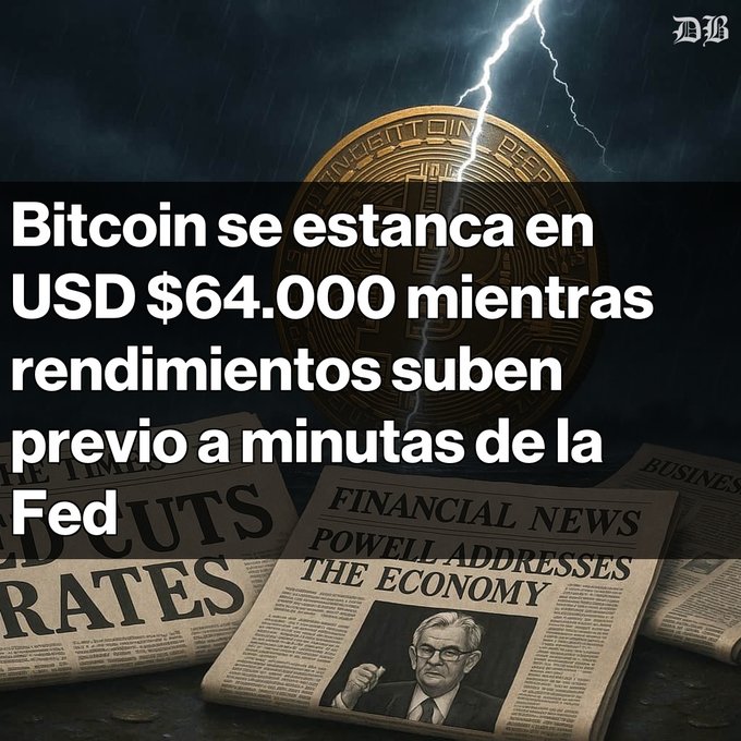 The image is a dramatic financial news graphic featuring a Bitcoin coin illuminated by lightning against a stormy dark background, accompanied by newspapers displaying headlines like "FED CUTS RATES" and "FINANCIAL NEWS: POWELL ADDRESSES THE ECONOMY" with a photo of Fed Chair Jerome Powell. The overlaid Spanish headline reads "Bitcoin se estanca en USD $64.000 mientras rendimientos suben previo a minutas de la Fed," reinforcing the post's message about Bitcoin's stall at $64,400 amid rising bond yields and anticipation of the Fed minutes that could shift market direction.