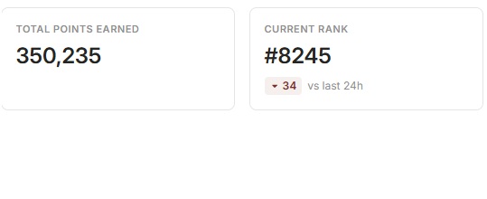 A dashboard showing 'TOTAL POINTS EARNED' at 350,235 and a 'CURRENT RANK' of #8245, with a red indicator showing a drop of 34 vs last 24h.