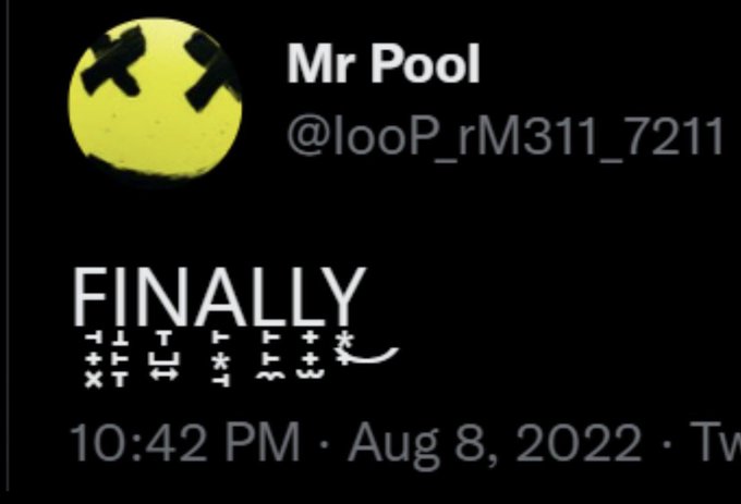 A tweet from "Mr Pool" (@looP_rM311_7211) posted at 10:42 PM on Aug 8, 2022 displays the word "FINALLY" in English with a nonsensical, distorted translation of the same word repeated below it in some garbled script. The post likely relates to the context caption "Wait what" by showing a translation or autocorrect attempt that produced absurd, unreadable results instead of the intended meaning.