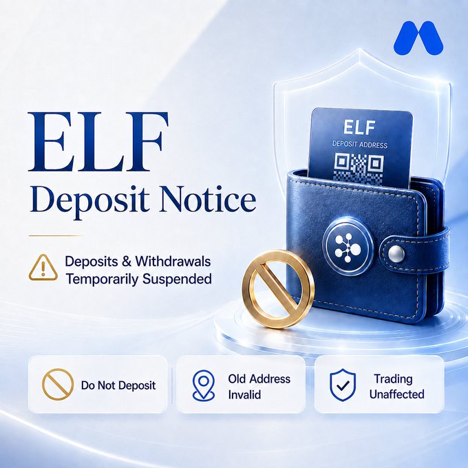 A blue-themed notice graphic with the text 'ELF Deposit Notice' and 'Deposits & Withdrawals Temporarily Suspended', showing icons for 'Do Not Deposit', 'Old Address Invalid', and 'Trading Unaffected'.