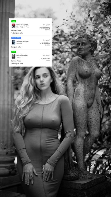 A black and white photo of a woman in a tight long-sleeved dress standing next to a stone statue, with an overlaid screenshot showing song titles 'Red Flags', 'whisper of the s...', and 'Echo of Utopia' by Femme Fatale featuring Bangkok Mike.