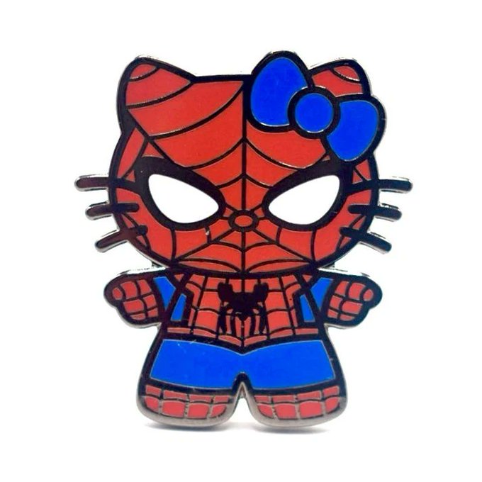 A close-up photo of an enamel pin featuring Hello Kitty dressed in a red and blue Spider-Man costume.