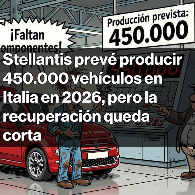 An illustration shows a disheveled worker pointing at a control panel next to a red car, with a sign reading 'Producción prevista: 450.000' and a speech bubble exclaiming '¡Faltan omponentes!'. The overlaid text states: 'Stellantis prevé producir 450.000 vehículos en Italia en 2026, pero la recuperación queda corta'.
