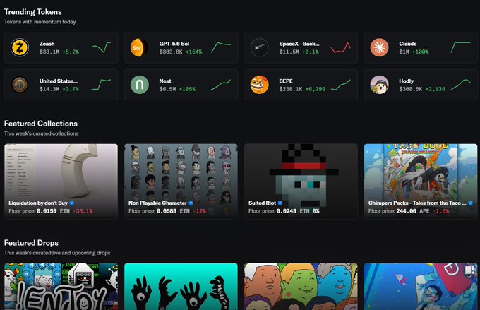The image shows a section of the OpenSea homepage displaying "Trending Tokens" like Zcash ($33.1M, +5.2%) and GPT-5.0 Sol ($303.8K, +154%), along with "Featured Collections" including "Suited Riot" (floor price 0.0249 ETH, 0% change), matching the post celebrating Suited Riot's addition to the OpenSea featured collections shelf.