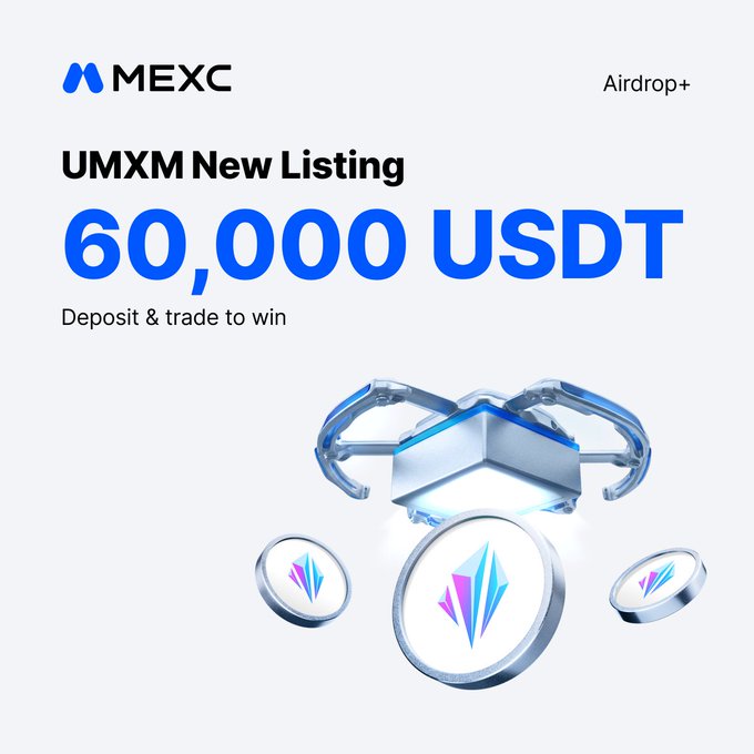 The image features a poster for an airdrop campaign by MXXC. The poster displays a silver robot with blue wings and a diamond shape, surrounded by coins of various sizes. The text on the poster announces that there are 60,000 USDT available for trading in the new listing. The poster also includes information about the campaign's objective to promote the use of cryptocurrency for charitable causes.